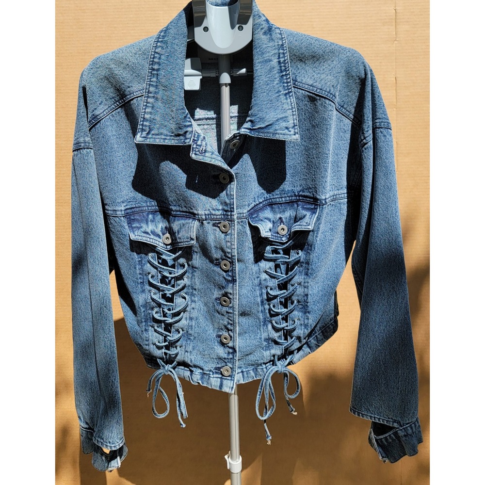 Denim Jacket Women 2X Lace Up Corset 100% Cotton 90's Boho Streetwear Grunge